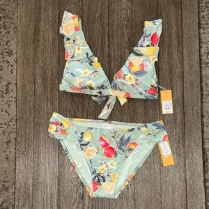 Kona Sol Soft Ruffle Bralette Bikini Set Sage Green Floral Fruit Print